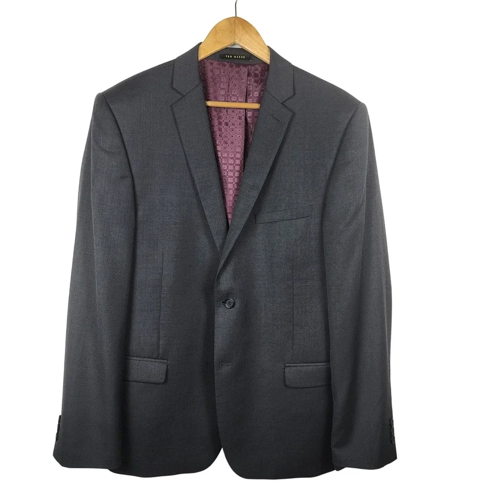 Ted Baker Endurance Suit Jacket Blazer Mens 42R Charcoal Gray Birdseye Business